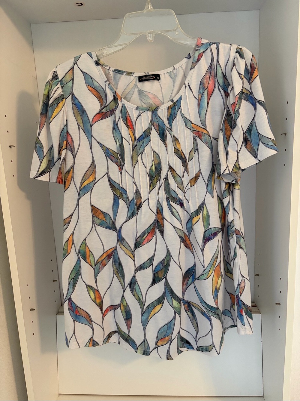 Chico's White Short Sleeve Top with Multicolor Leaf Print